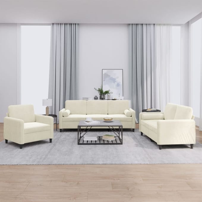 vidaXL - 3-delige - Loungeset - met - kussens - fluweel - crèmekleurig