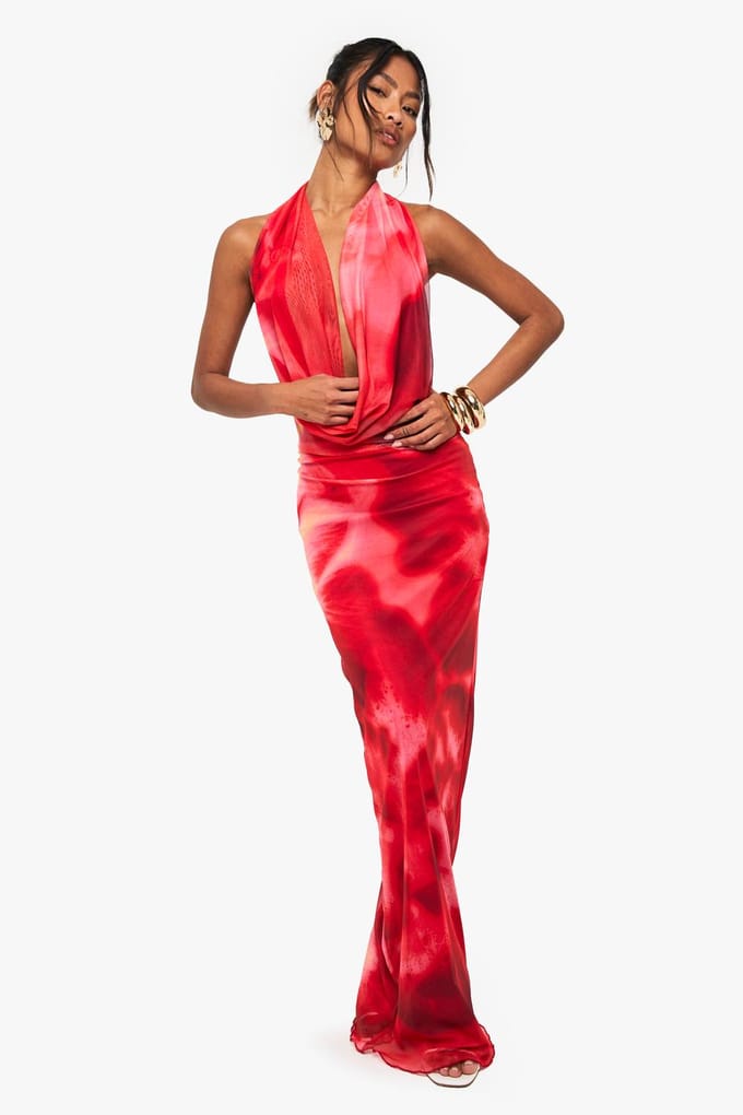 boohoo Dames Florale halterneck mesh maxi-jurk | Rood | Maat: 40