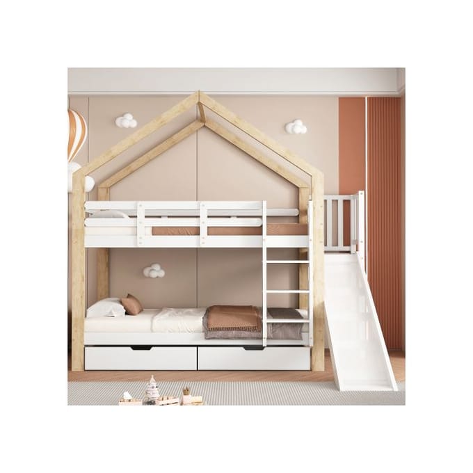 Lit superposé - 90x200 cm - Bois massif - Toboggan - Échelle inclinée sécurisée blanc
