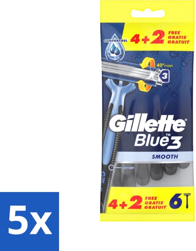 Gillette - Blue 3 Smooth - Wegwerpscheermesjes - Comfortabele scheerbeurt - 6 Scheermesjes - Bulkverpakking - 5 stuks