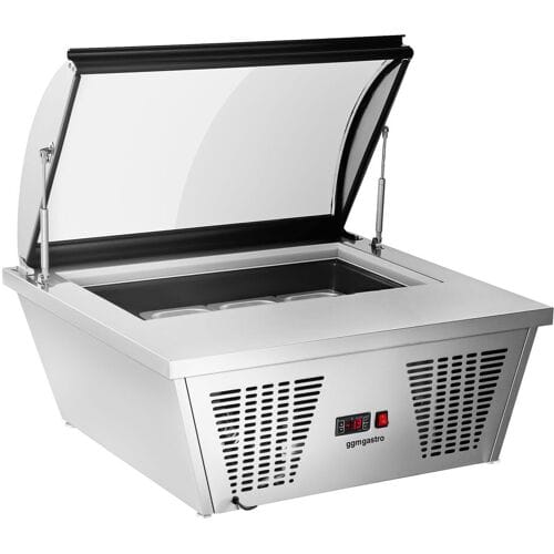 GGM Gastro Tisch-Eisvitrine - 870mm - Statisch - für 4x 5 Liter Eisbehälter - gewölbter Deckel - Deckelöffnung zur Bedienseite