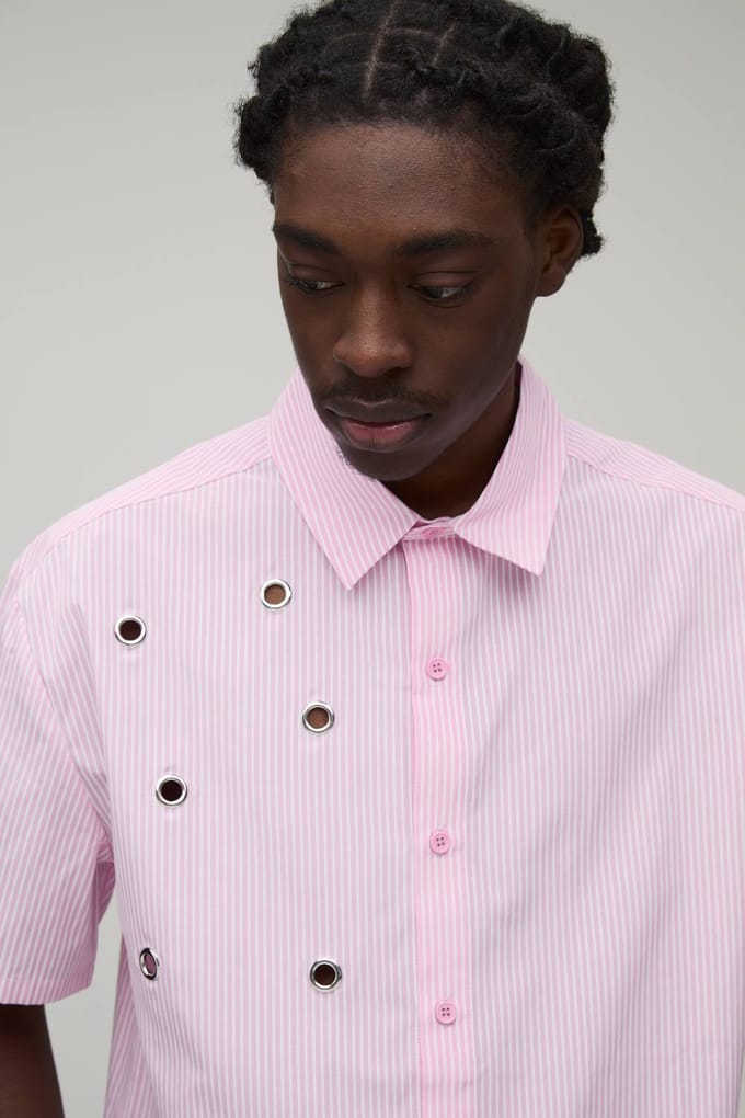 Oversized Boxy Shirt Met Korte Mouwen, Streeppatroon En Oogjesdetail | Pink | Size Medium
