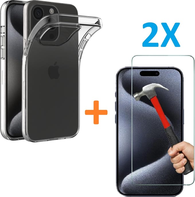 Soft TPU Transparant hoesje Silicone Case + 2 stuks Glas Screenprotector - Geschikt voor: iPhone 15 Pro Max