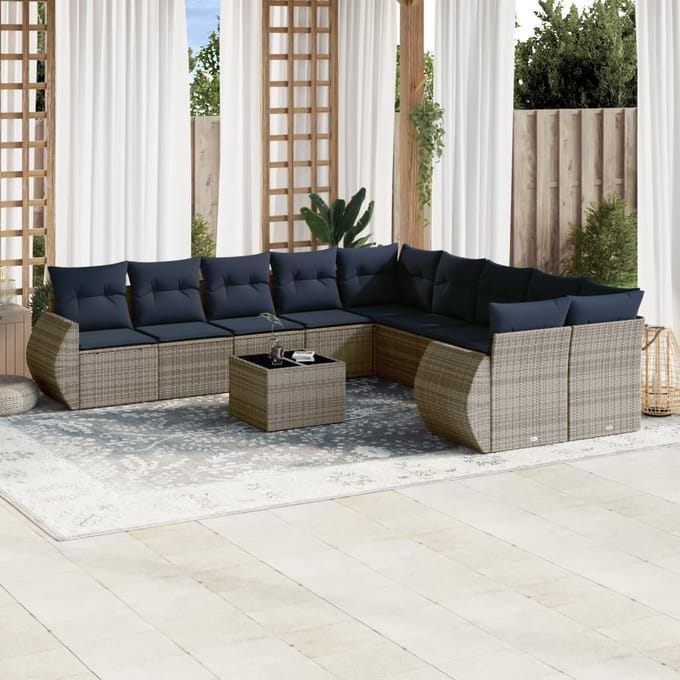 vidaXL - 11-delige - tuinbankset - met - kussens, - grijs - polyrotan