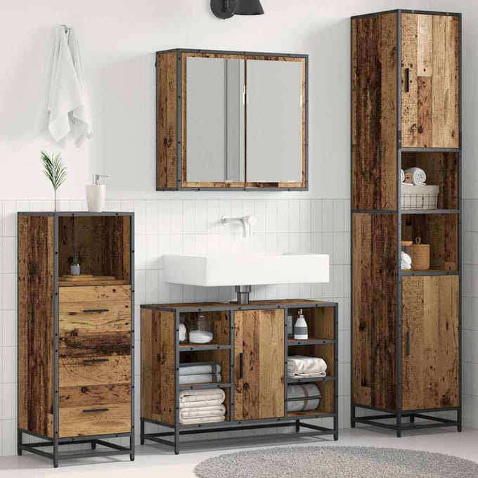 vidaXL - Badkamermeubel - Set - 3 - st - Oud - Hout - 80 - x - 33 - x - 60 - cm - Bewerkt - hout