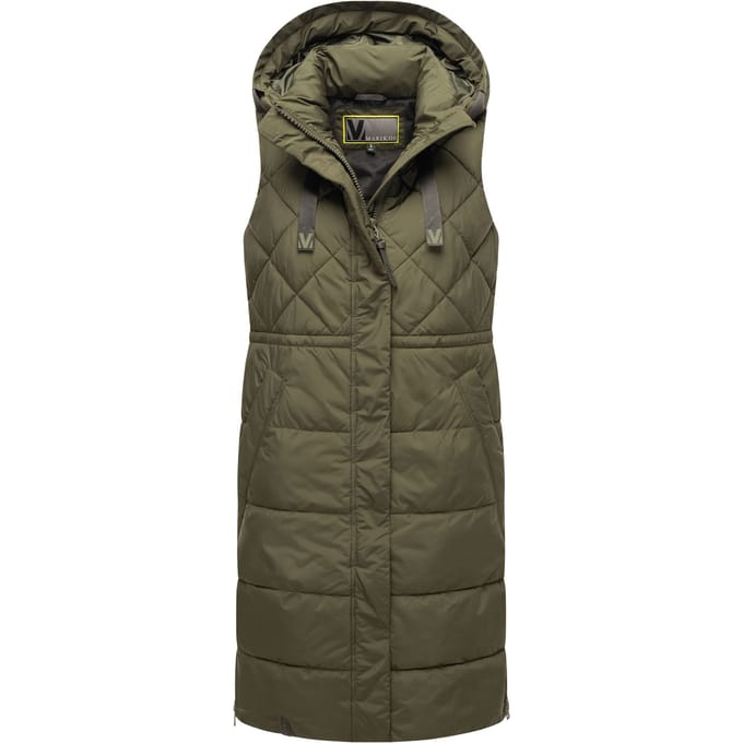 Marikoo lange gewatteerde damesbodywarmer met capuchon – Narikaa