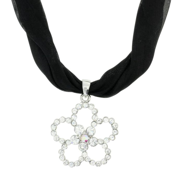 Behave - Zwarte zijde ketting met bloemenhanger - Elegant accessoire - 40 cm