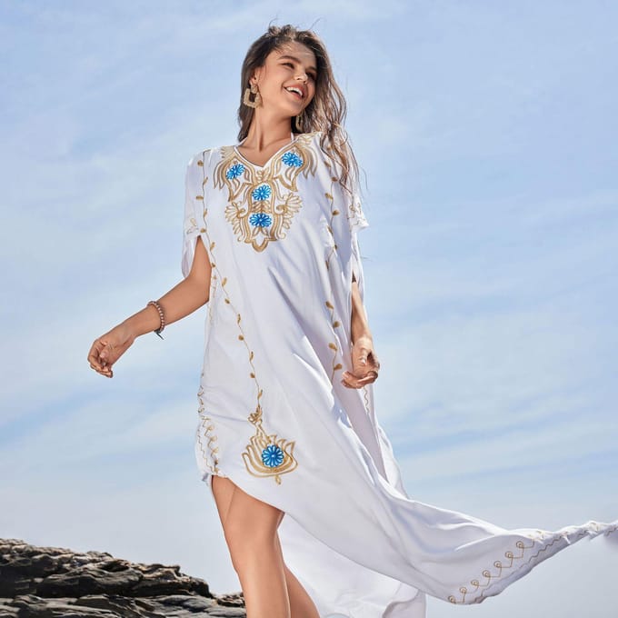 Dames Strandrok Col Trui Bikini Badpak Kaftan Damesjurk one size wit