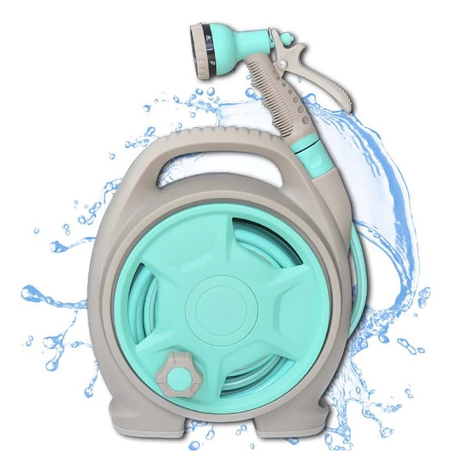 Enrouleur de tuyau d'arrosage étanche compact portable enrouleur de tuyau de lavage de voiture avec tuyau de 15 m pour arrosage de jardin, lavage de voiture gray