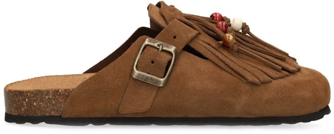 Manfield - Dames - Bruine suède clogs met franjes - Maat 38