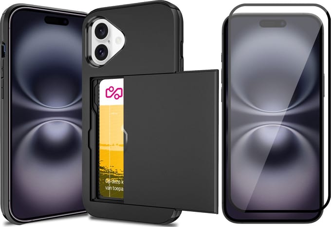 Hoesje met Pasjeshouder geschikt voor iPhone 16 Plus - Screen Protector FullGuard - Back Cover SlideCase Zwart & Screenprotector