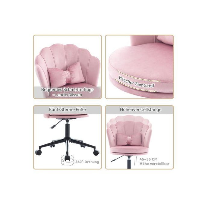 Chaise de bureau - MUVOE - Pétale - Velours rose - Dossier en pétale - Coussin lombaire papillon