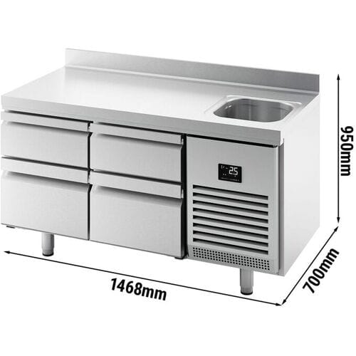 GGM Gastro Kühltisch Premium PLUS - 1468x700mm - mit 1 Becken, 4 Schubladen - Aufkantung