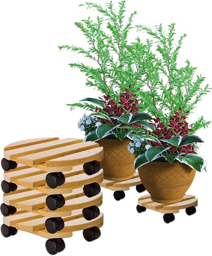 4x Plantenroller Zwaar Belastbaar Massief Hout Rond