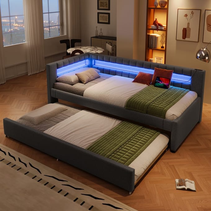 MODENUIT Dagbed 90x200 cm – Uitschuifbaar Bed met Led-licht, Usb en Usb-c – Zonder matras – Linnen en Mdf – Grijs