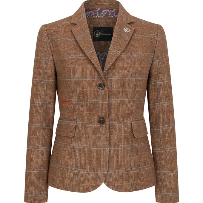 Dames Oak Brown Tailored Fit Tweed Blazer met visgraatmotief