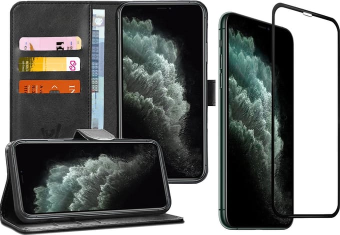 Hoesje geschikt voor iPhone 11 Pro - Screen Protector FullGuard - Book Case Kunstleer Pasjeshouder Zwart & Screenprotector