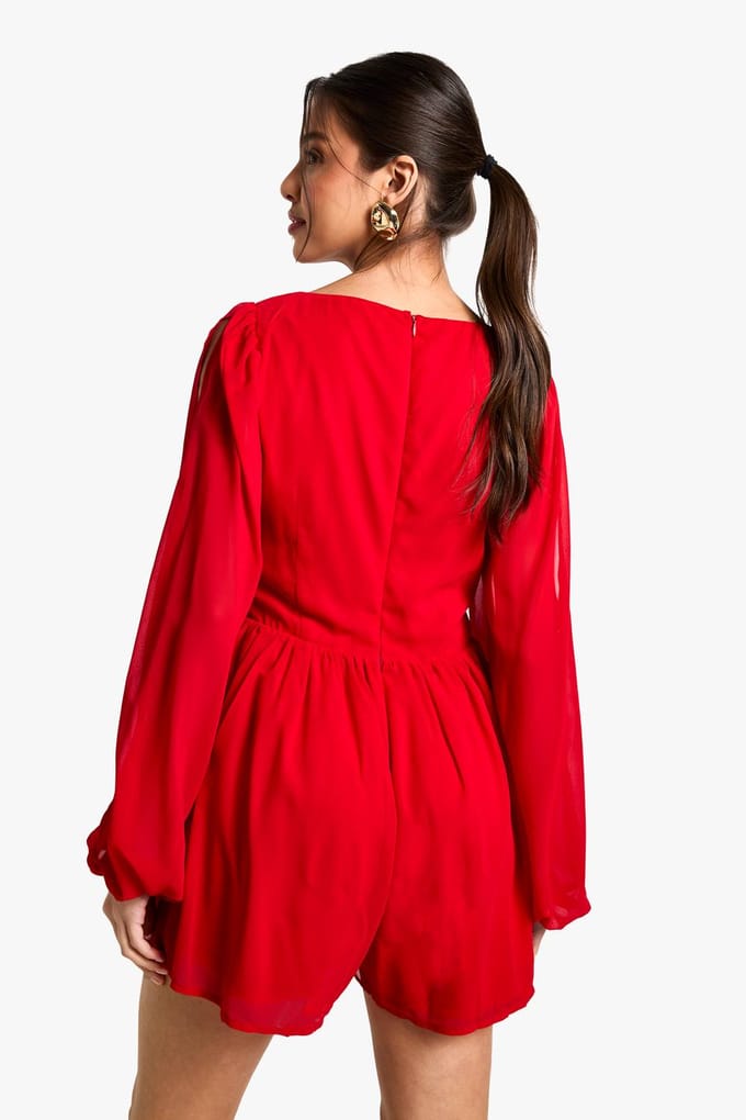 boohoo Dames Chiffon Playsuit met gespleten mouwen | Red | Maat: 8