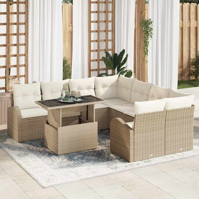 vidaXL Tuinbank Set met kussen met opslag 9 pcs Beige Poly Riet