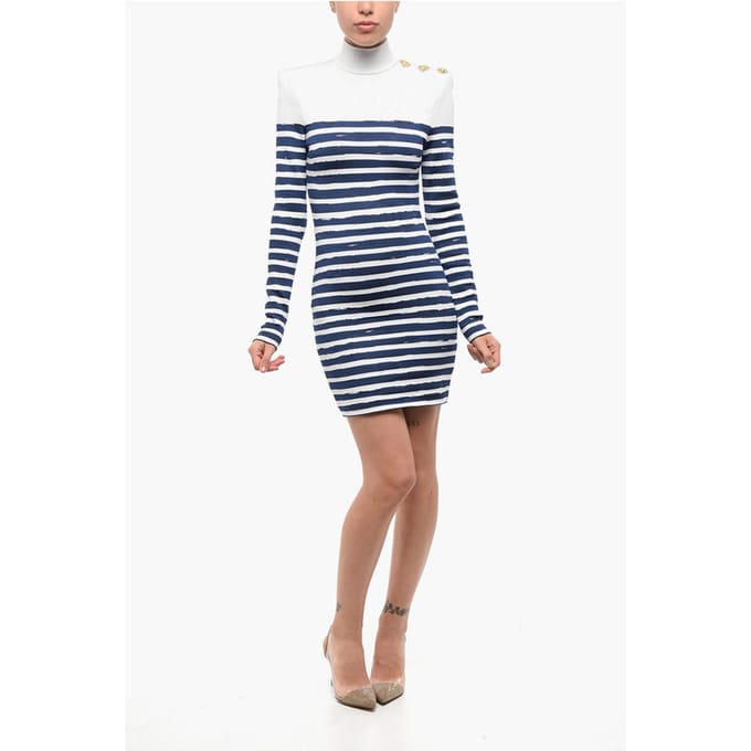 Tweekleurige gestreepte bodycon mini-jurk met gouden hartjes in Bianco, Blu