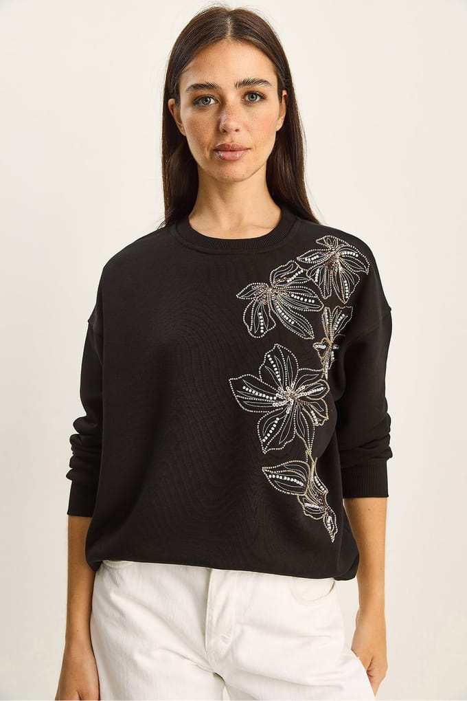 Bloemversierde Ronde Hals Relaxed Fit Sweatshirt