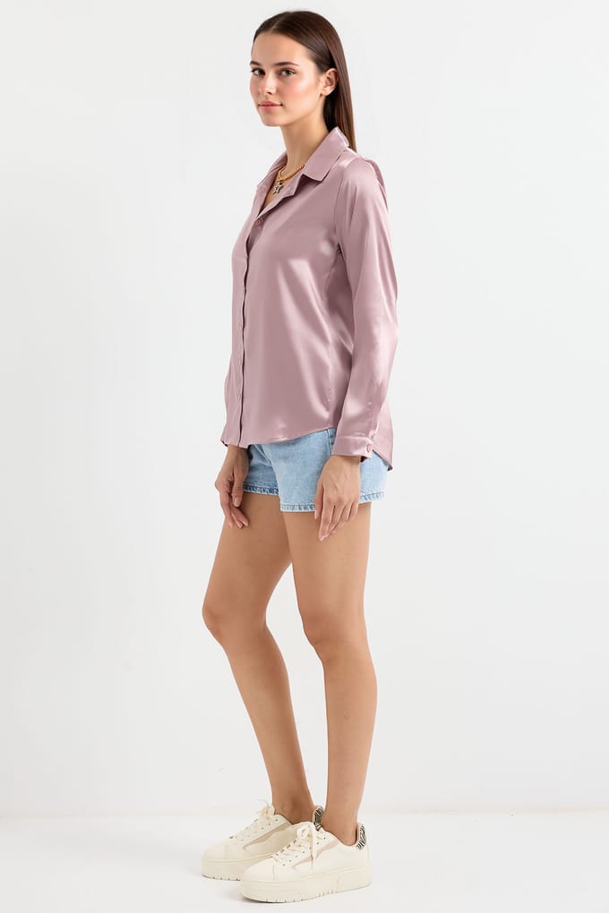 Satin Lange Mouw Knop-Up Shirt