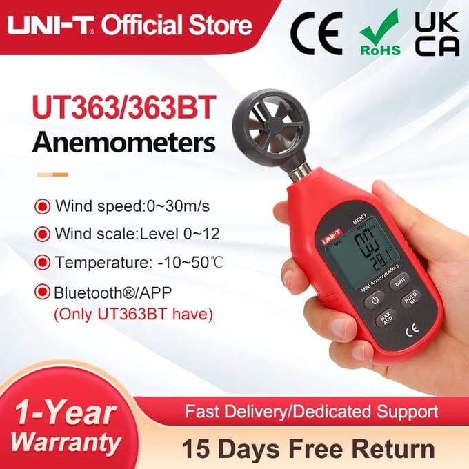 UNI-T Anemometer UT363 UT363BT Windsnelheidsmeter 0 ~ 30 m/s Luchtsnelheidsmeter Digitale temperatuurmeter Windsnelheidsmeting UT363
