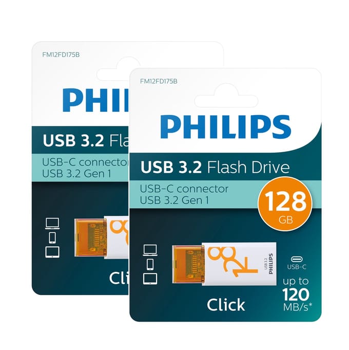 Philips FM12FD175B USB-C Stick - 128 GB - USB-C - USB 3.2 GEN 1 - Click Edition - 2-Pack