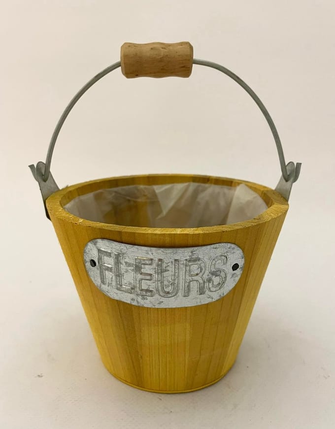 Bloempot emmertje hout geel 10x13cm
