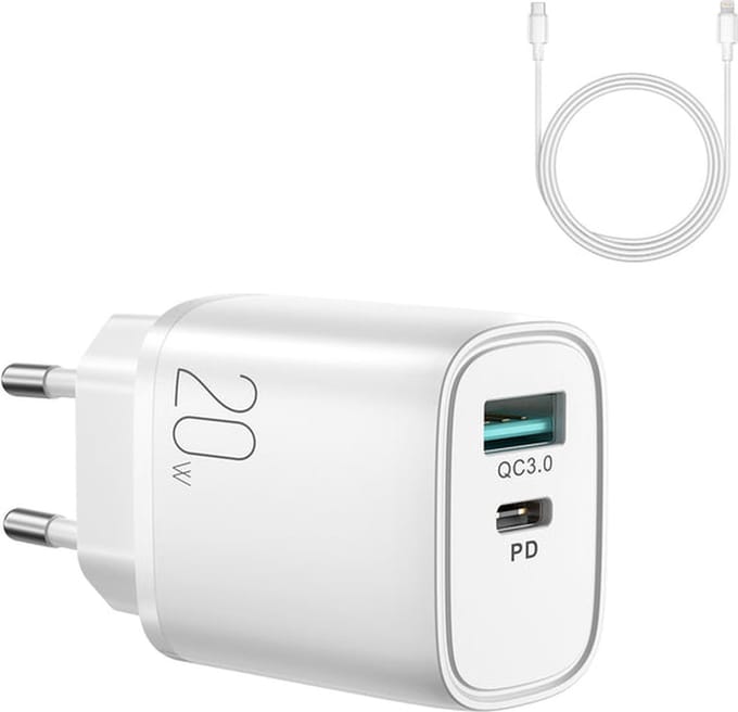 JOYROOM Oplader met USB-C en USB-A - USB C naar Lightning Kabel - Snellader - 20W - Wit