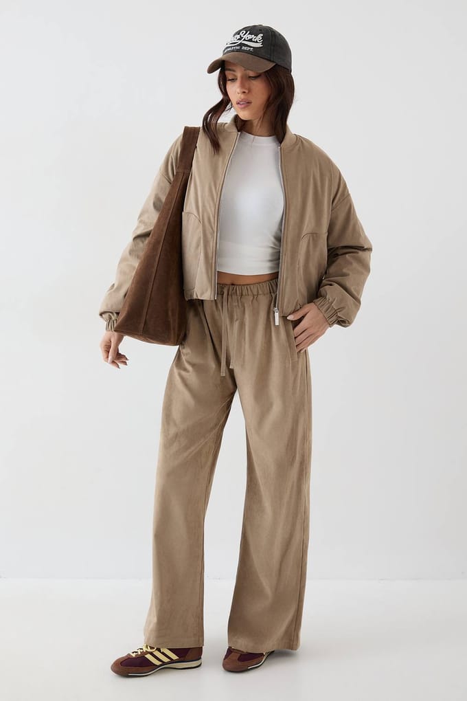 Dames DSGN Studio Nep Suede Gevoerde Doorritsbomber Jas | Stone | Maat: Medium