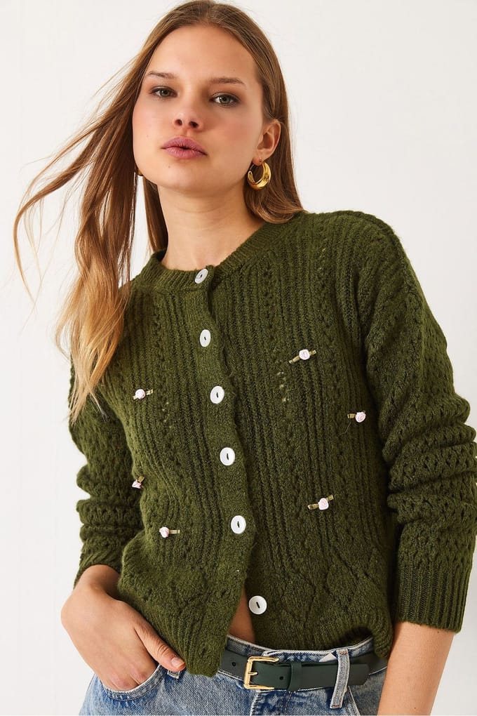 Gegokt Brei Cardigan met Knopen Sluiting