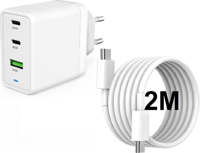 USB-C Adapter 65W met USB-C naar USB-C Oplader Kabel 2 Meter - Snellader