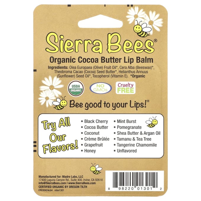 Baume à lèvres bio Sierra Bees, paquet de 4, 0,15 oz (4,25 g) Chaque beige