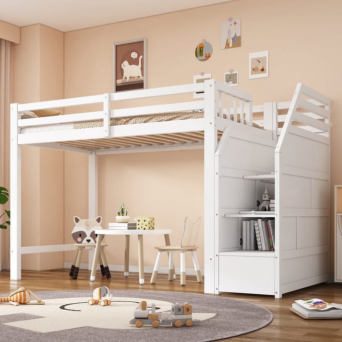 Hoogslaper - 90x200 cm - met Opbergtrap en Lattenbodem - Wit