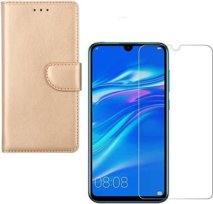hoesje Geschikt voor: Huawei P Smart Plus 2019 Portemonnee Goud met 2 stuks Glas Screen protector