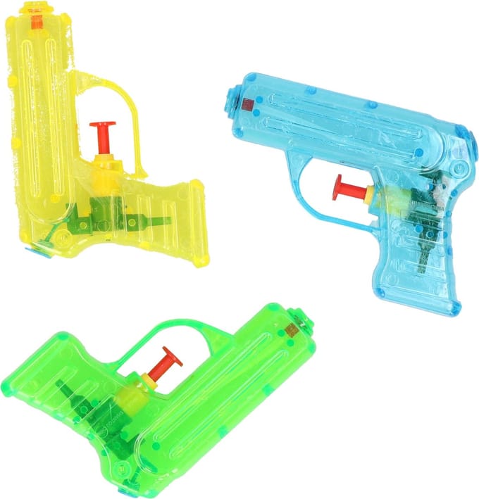 Grafix Waterpistooltje/waterpistool - 6x - klein model - 11 cm - geel/groen/blauw