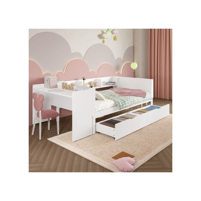 Bed - Wit - 90x200 cm - Bureau met 2 lades - Massief hout - 1-persoons wit