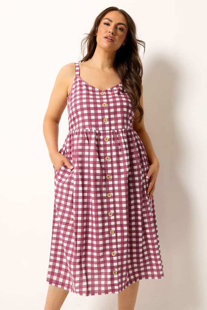 Yours Bordeauxrode Geruite Linnen Jurk Size 42