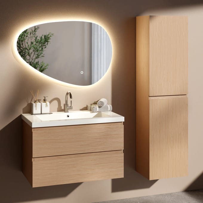 Mirlux Badkamermeubelset Amara - 80cm - Licht Eiken - Wastafel Wit