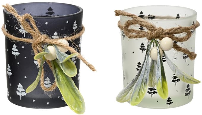 Decoris theelichthouder glas kerst maretak zwart-wit decoratie.