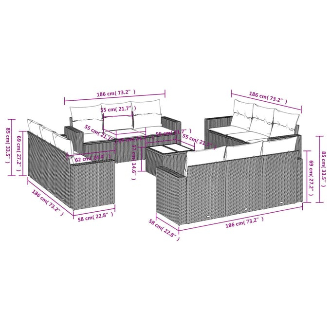 vidaXL - 13-delige - Loungeset - met - kussens - poly - rattan - beige