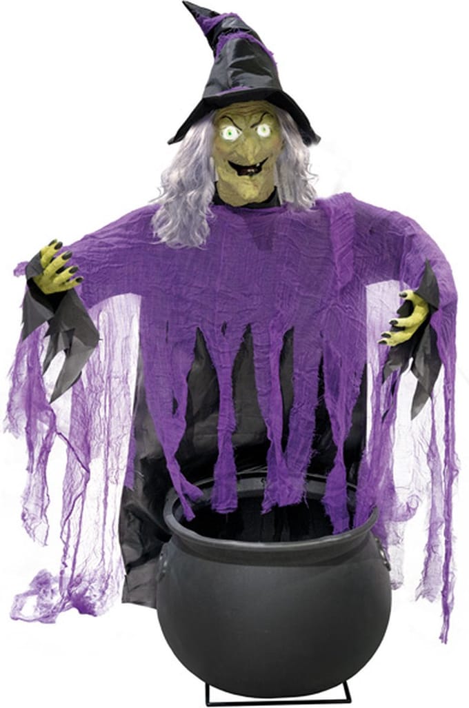 Halloweendecoratie Staand: Heks met Ketel, licht, geluid & beweging (140cm)