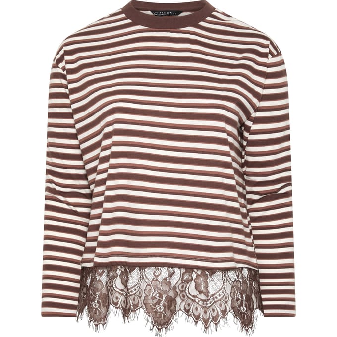 Limited Collection Bruine Gestreepte Top Met Kanten Afwerking Size 48