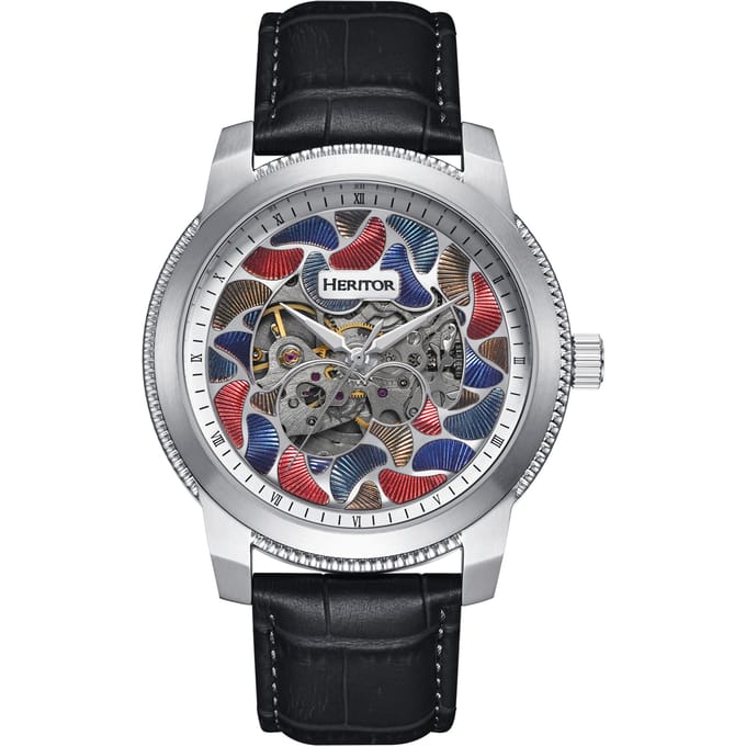 Heritor Automatic Emmanuel Semi-Skelet leren band horloge - Zilver/Zwart