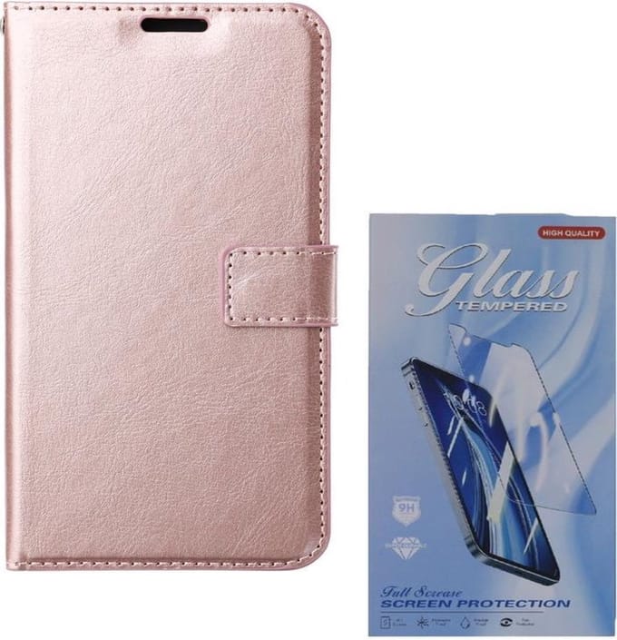 Bookcase Geschikt voor: iPhone 12 Pro - Rose Goud - Portemonnee hoesje + 2X Tempered Glas Screenprotector