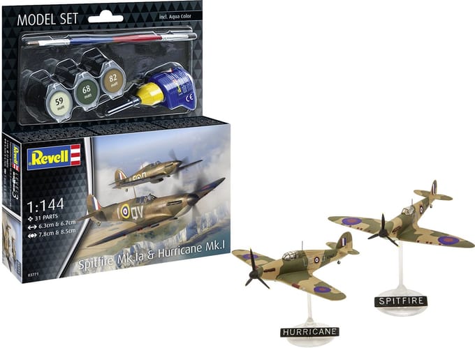 Revell Modelbouwpakket Vliegtuigen - 63771 Spitfire Mk.1a - Hurricane Mk.1 - Propeller Vliegtuigen - Model Set Plastic - 1:144 - Modelbouw
