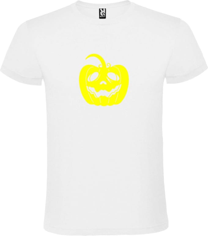 Wit T-Shirt met “ Halloween Pompoen “ afbeelding Neon Geel Size S