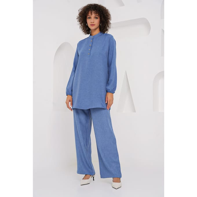 Gestructureerde Linnenmix Langsleevetunika en Wijde Pantalon Set