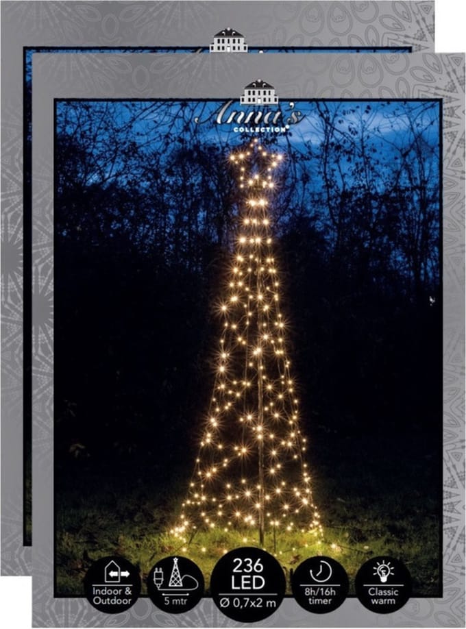 Anna's Collection Vlaggenmast kerstboom met ster - 2x - verlichting - 236 leds - 200 cm - warm wit